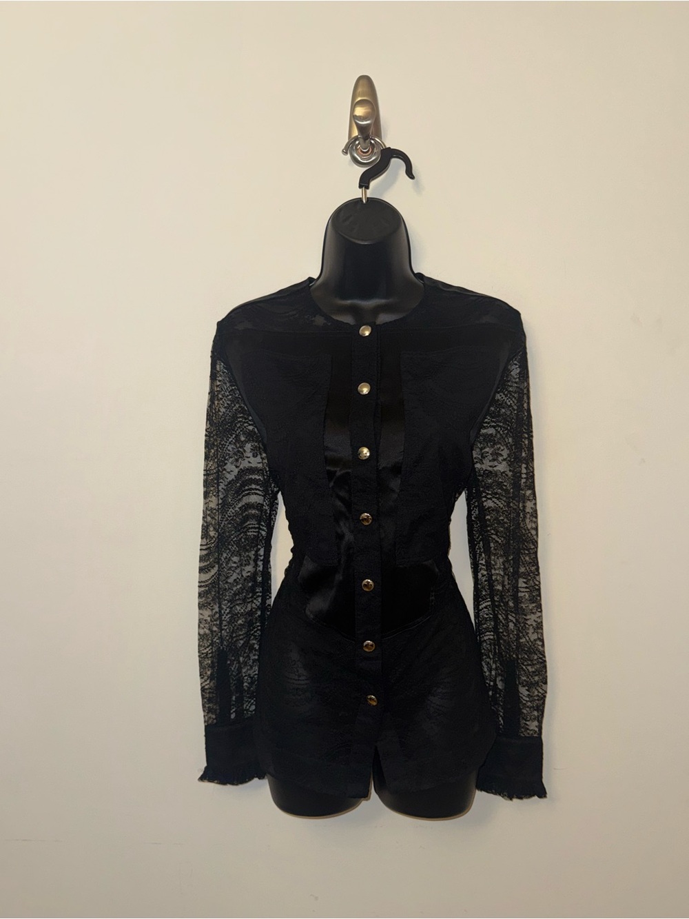 Givenchy Vintage Black Lace & Silk Panel Blouse